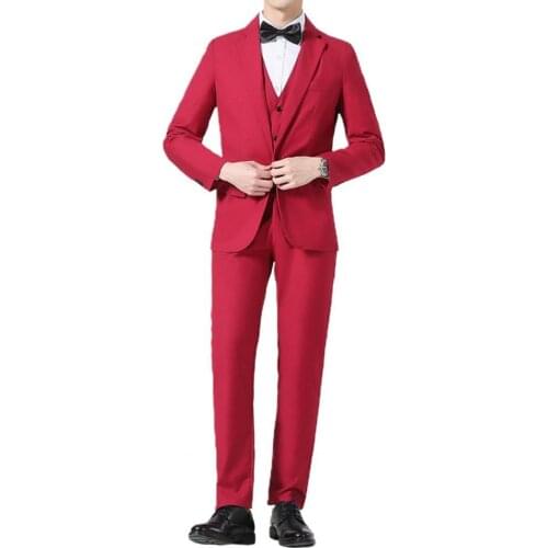 Business Suit Set V Neck Formal Men Solid Color Buttons Vest Shirt Pants for Wedding