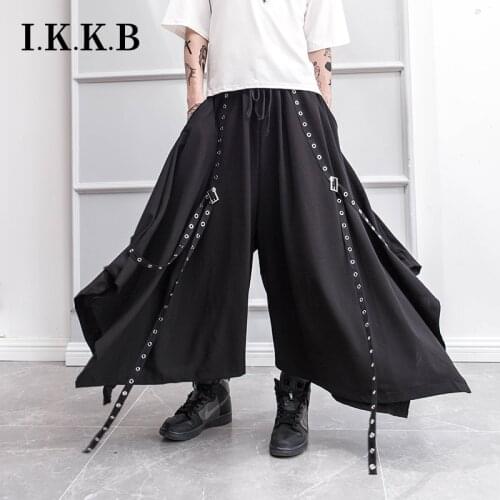 Spring and summer Yamamoto style dark black mens and womens skirt pants with rivet ribbon decoration loose wide leg pants hair