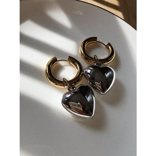 FFLACELL 2021 Japan Retro Cute Chic Metal Three-Dimensional Gold Round Silver Color Heart Drop Earrings for Women Jewelry Gift