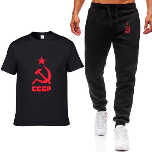 2021 New Summer Mens T-Shirt CCCP Russian USSR Soviet Union Print Solid color Mens Short sleeve suits T-Shirt Pants Suit 2Pc