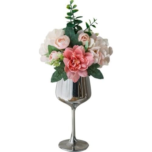 Artificial Flowers With Glass Vase Wedding Office Home Decor Silk Flower High Quality Table Accessories Living Room Decoration