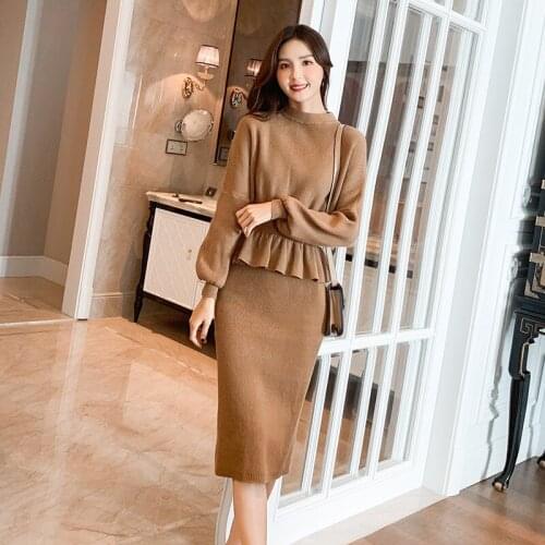 Two Piece Skirt Set 2020 Early Spring Korean Fashion Pleated Knitted Sweater with Skirt 2 Piece Set Women Outfits Ensemble Femme