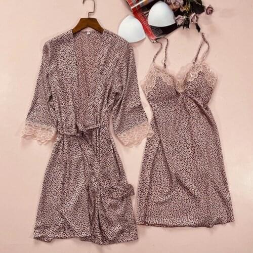2PCS Sleepwear Women V-neck Robe Set Satin Kimono Gown Leopard Sleep Set Female Nighty&Robe Set Lace Trim Nightgown Home Wear