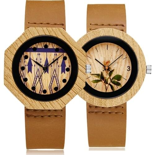 Creative Octagon Imitation Wood Watch Flower Men Women Quartz Imitate Wooden Wristwatch Soft Leather Band Male Clock Reloj Uhr