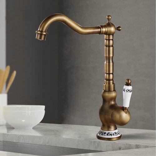 Antique Brass Kitchen Faucet Hot & Cold Mixer Tap Single Hole Bathroom Faucet Rotatable crane Blue and white porcelain handle