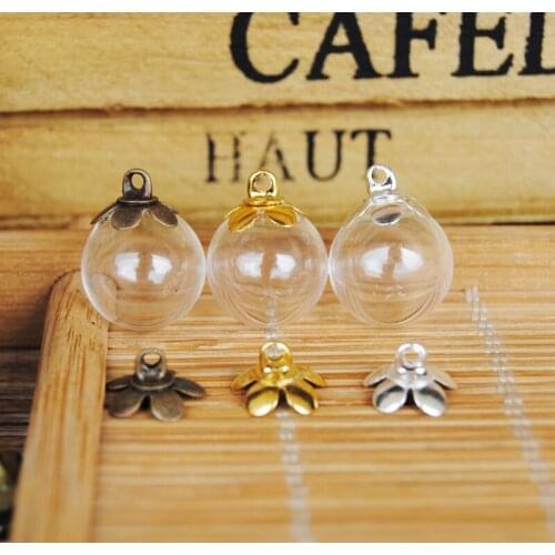 New Free ship!!! 100sets/lot 12mm*3mm(opening) glass globe bubble with flower cap set DIY Glass bottle vial pendant
