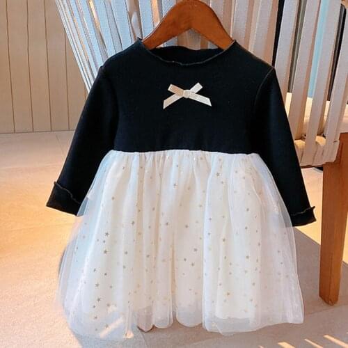 2021 New Children Dress Sweet Long-sleeve Bow Mesh Yarn Patchwork Party Princess Dress Autumn Kids Clothes Girls Dress