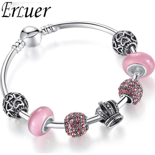 ARUEL Original Crown Rhinestone Bracelets With Pink Glass Beads Charm Bracelets & Bangles European DIY Jewelry Gift For Women