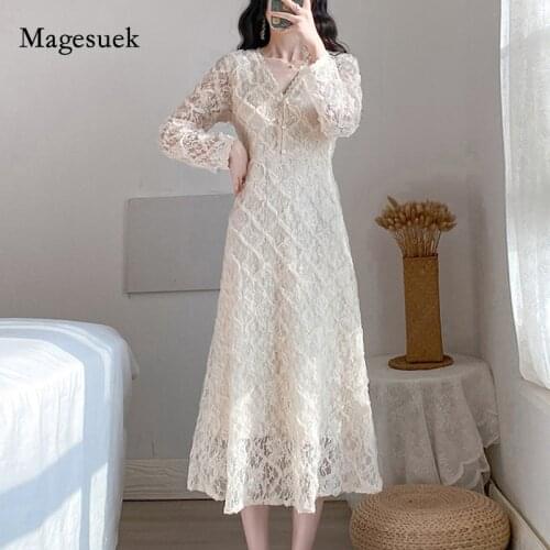 Vintage A-Line High Waist Spring Dress 2021 New V-neck Long Sleeve Lace Long Dress for Women Sweet Button Lace Solid Dress 12909