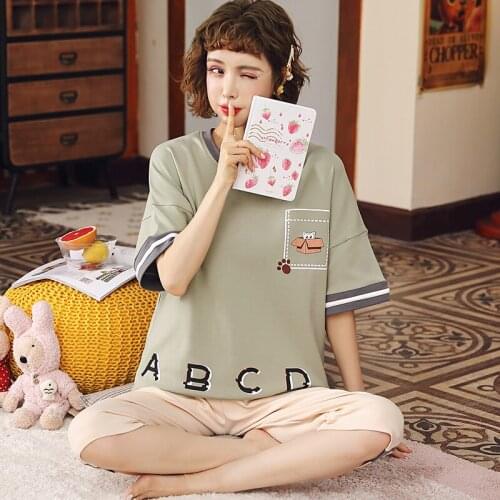 Casual Short Sleeve Women Cotton Home Wear Nightwear Summer Pajamas Set Fashion Grey Stripes Patchwork Cartoon Womens Sleepwear