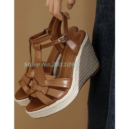 Brown Leather Braided Platform Sandals Wedges Ankle Buckle Open Toe Summer Women Shoes Solid New Arrivals Dress White Shoes