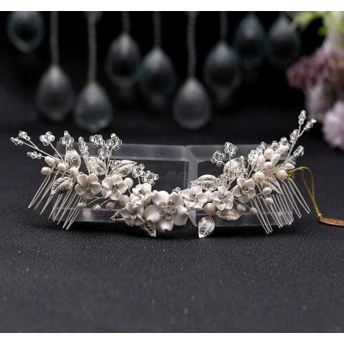 HP337 Silver Bride Headdress Hair Comb Soft Clay Flower and Crystal Wedding Engagement Women Hair Accessories Jewelry Wholesale