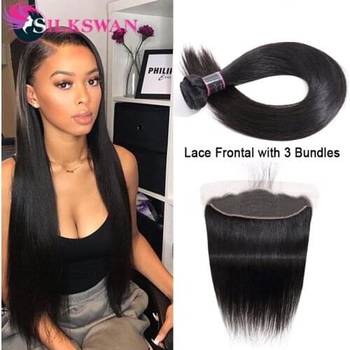 Silkswan Hair Brazilian Straight Bundles With Frontal Pre Plucked With Closure Natural Color Remy Human Hair Weave Bundles