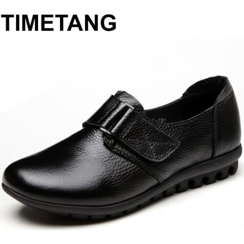 TIMETANG Women Flat Slip-On Genuine Leather Hook Loop Casual Black Shoes 2017 Female Fashion Platform Office Autumn FootwearC175