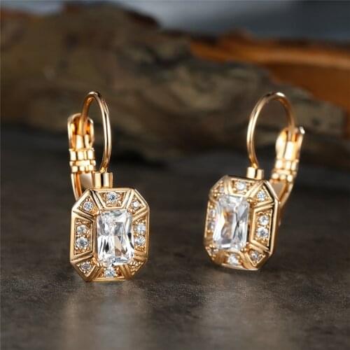 Vintage Gold Color Small Hoop Earrings Charm Female White Zircon Stone Earrings For Women Dainty Crystal Square Wedding Earrings