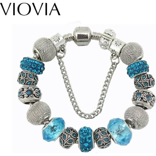 VIOVIA Fashion Jewelry Charm Bracelets & Bangles for Women Flower Rhinestone Clear Crystal Beads Friendship Bracelets B15195