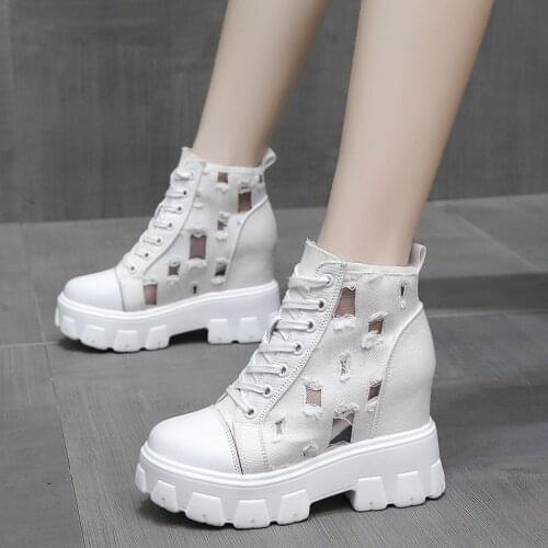 Rimocy 2020 Autumn Hollow Out Canvas Ankle Boots for Women Round Toe Lace Up Hidden Heels Shoes Woman Chunky Platform Booties