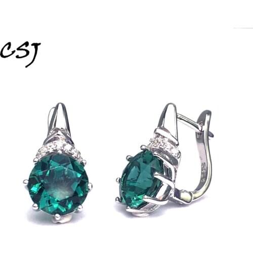 CSJ Green quartz gemstone noble good Earring Sterling 925 Silver Round8.0 4Ct football cut Fine Jewelry For Women Lady Gift