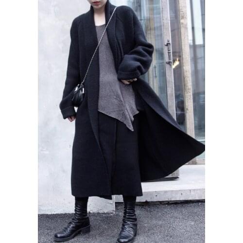 [ZAYAU]Autumn and Winter Black Senior Real Shot Fashionable Bathrobe Style Sweater Long Belt Coat Show Thin Thick womens Wear