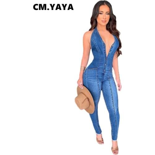 CM.YAYA Women Halter V-neck Denim Pencil Jumpsuit Summer Active Fashion One Piece Romper Basic Classic Overall Playsuit