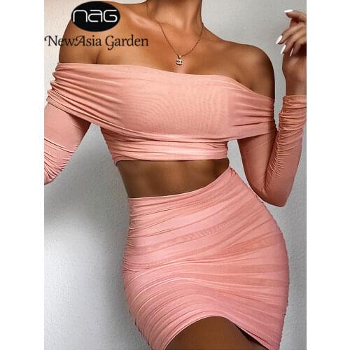 NewAsia Off Shulder Two Piece Set Women Autumn Pleat Ruched Bodycon Crop Top Mini Skirts 2 Piece Set Mesh Party Clothes Pink