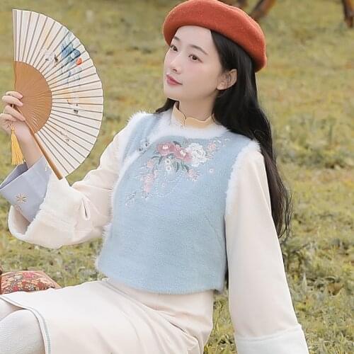 Chinese Style Retro Cheongsam Dress Suit Women Plush Stitching Apricot Split Elegant Slim Cheongsam+Embroidery Sweet Crop Vest