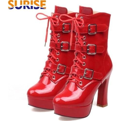 Winter Women Half Boots Platform Chunky High Heel Patent Leather Plush Buckle Lace Zipper Martin Ladies Mid Calf Motorcycle Boot