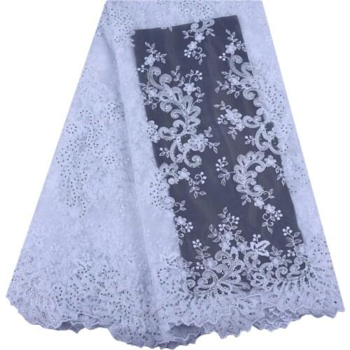 2019 Fashion Pure White African Milk Silk Lace High Quality French Net Lace Fabric With Stones For Wedding Dress 1534