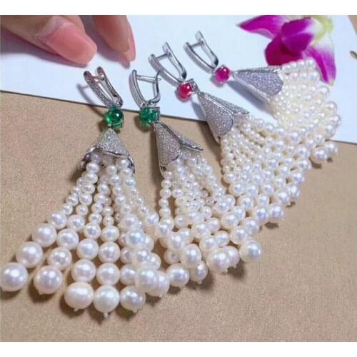 Noble jewelry a pair 3-4 7-8-9mm Japanese AKoya round white pearl crystal zircon ruby earring 925 Sterling Silver