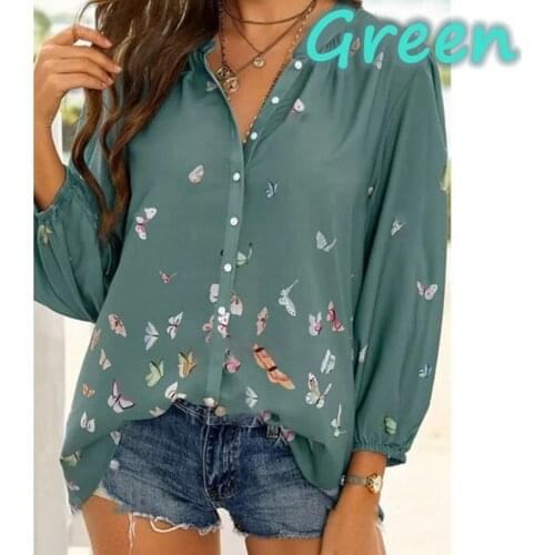 Spring Autumn Long Sleeve Casual Tops Women Elegant Buttons Blouse Office Lady Shirt Butterfly Printing Loose Stree Wear V Neck