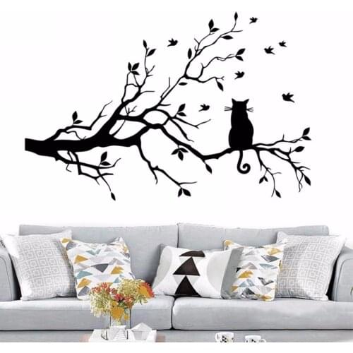 Large Cat On A Branch Tree Birds Wall Sticker Vinyl Art Decal Window Decal Stencil For Kids Room Decor Adesivo De Parede
