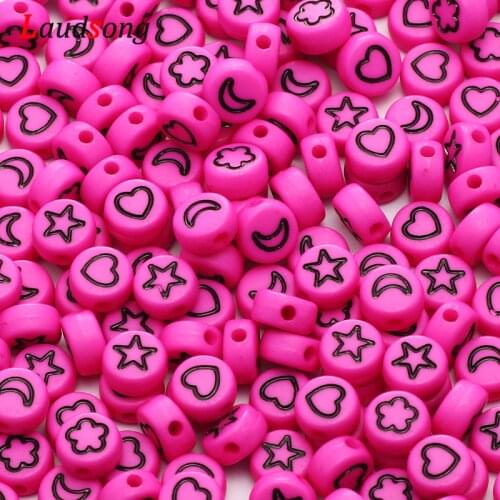 Wholesale 7mm Rose Red Mixed Flower Star Moon Heart Acrylic Beads Round Flat Loose Spacer Beads For Diy Jewelry Making Bracelet