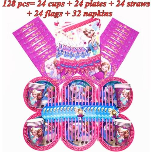 128pcs Frozen Theme Elsa Anna Party Supplies Disposable Paper Cups Plate Straws Flags Birthday Decorations Snow Princess Napkins
