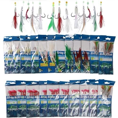 22pcs Fish Skin String Hooks Sabikis Rig for Sea Luminous Soft Shrimp Fishing Hook Lure Bait Tackle Accessory