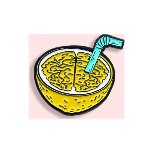 Fashion Personality Yellow Walnut Drink Badge Creative Cartoon Brain Metal Enamel Brooch Lapel Backpack Jewelry Accessories Gift