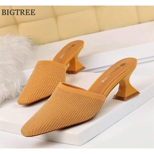 Korean Fashion Daily Lazy Female Slippers New Wool Square Head Concise Womens Shoes Slip On High Heels Slides Woman Mules Party