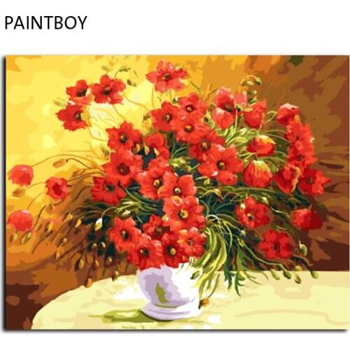 Frameless Red Flowers DIY Oil Painting Painting By Numbers Handpainted Canvas Picture Home Decor For Living Room 40*50cm GX3456