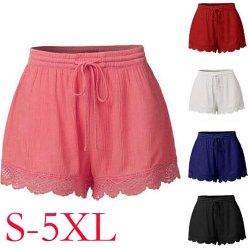 Sexy Drawstring Yoga Shorts Women Summer Casual Loose Ladies Elastic Waist Lace Hem Beach Hot Hollow Shorts Solid Plus Size