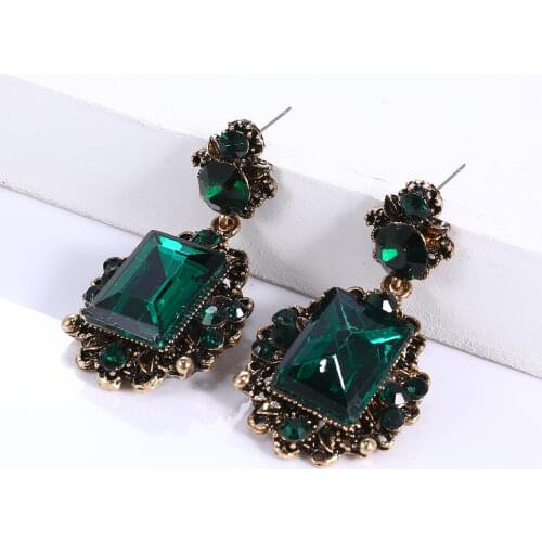 Retro Antiqued Bronze Deep Green Chunky Stone Pendant Dark Blue Big Drop Earring for Women Girls Vintage Jewelry