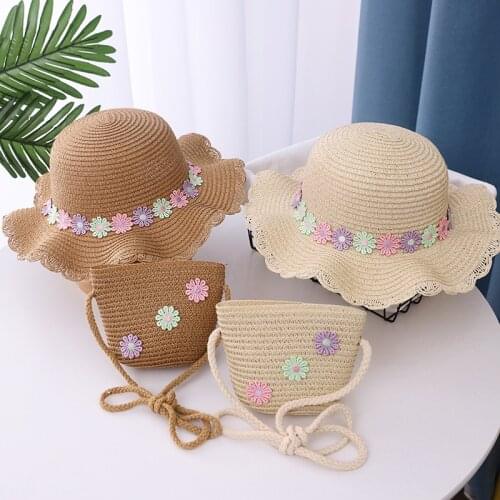 Kids Girls Wide Brim Straw Woven Sun Protection Beach Hat Summer Floppy Bucket Cap Portable Handbag Panama Girl Sun Hat