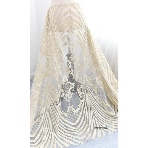 High-grade light gold embroidered sequins lace fabric wedding dress diy mesh fabric Clothing wedding fabric