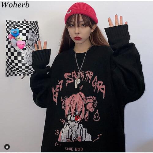 Woherb Black Sweater Women Harajuku Cartoon Girl Knitted Pullover 2021 New Fashion Pull Femme Korean Ulzzang Jumper