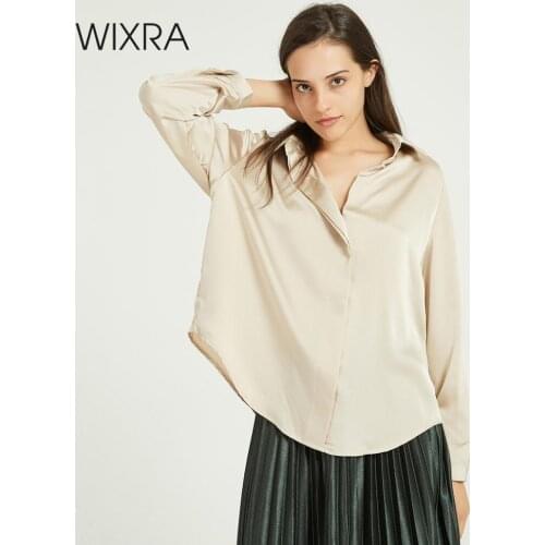 Wixra Women Satin Blouse Ladies Casual Long Sleeve Turn-down Collar Basic Loose Solid Shirts 2020 Autumn Spring Casual Tops