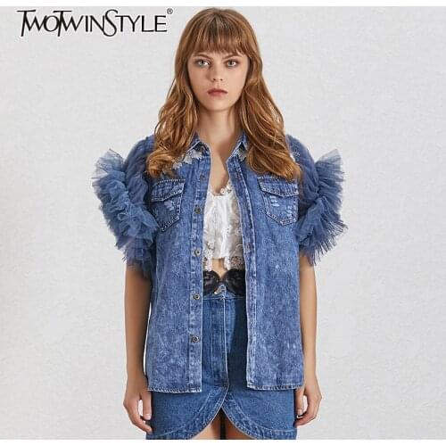 TWOTWINSTYLE Casual Patchwork Mesh Jacket For Women Lapel Sleeveless Streetwear Denim Jackets Female Fashion New Clothing Spring