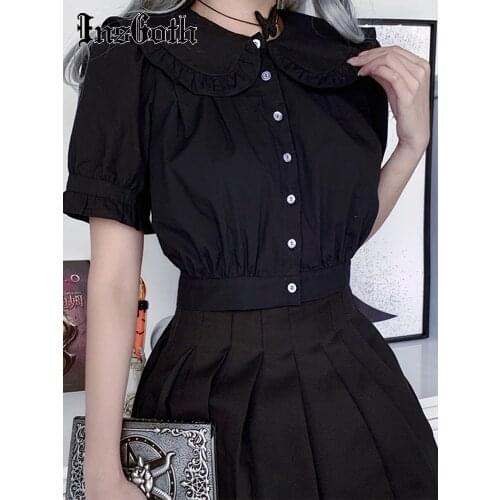 InsGoth Aesthetic Ruffled Solid Black T Shirt Goth Vintage Short Sleeve Button Up Crop Top Harajuku Streetwear Women T-shirts