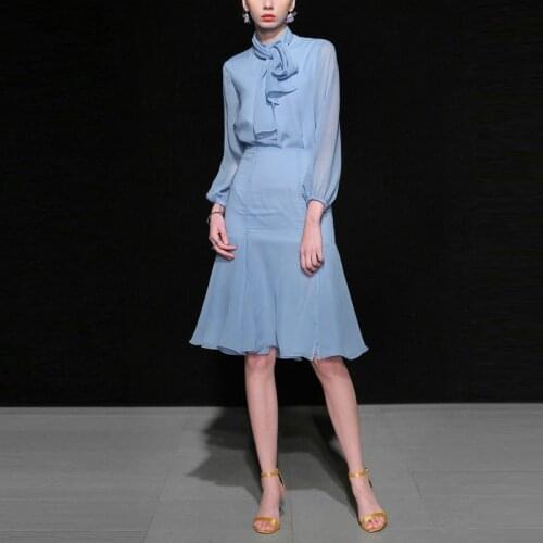 Bule Crop Chiffon Top & Knee Skirt Set Women Bow Tie Neck Long lantern Sleeve Elegant shirts and fishtail kits Two Pieces Sets