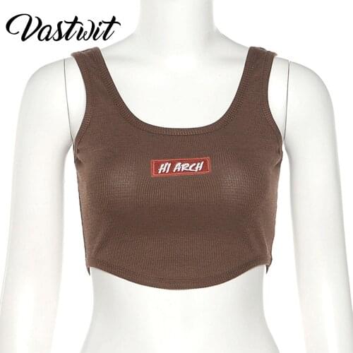 Women Brown Tank Top Y2K Vintage U-neck Sleeveless Letter Crop Tops 90s Streetwear Outfits Slim