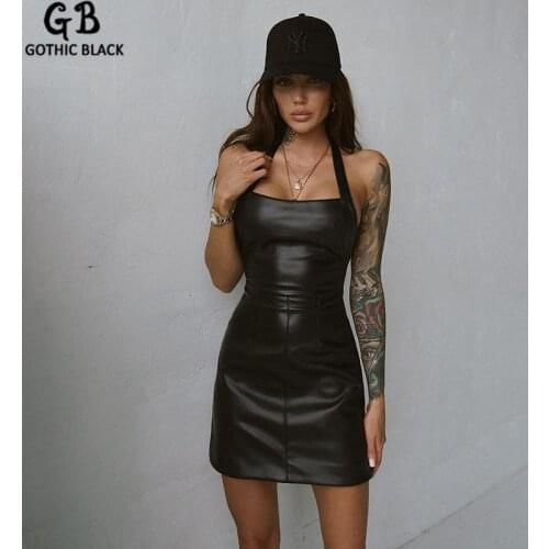 Gothblack Dress Solid Slim Halter Leather Slash Neck Backless Hollow Out Dress Sexy Club Fashion Bodycon Streetwear Outfits