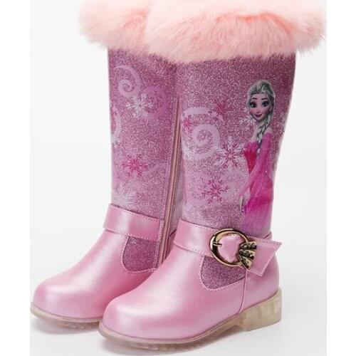 Disney Children Snow Boots For Girls Cartoon Frozen Elsa Shoes Princess Elsa Long Boots With Fur Waterproof Boots Cartoon Shoes