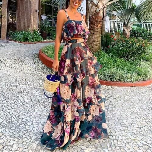 Elegant Women Summer Bohemian Maxi Dresses Two Piece Set Sexy 2019 Hollow Out Crop Top Skirts Floral Print 2 Piece Suits Red